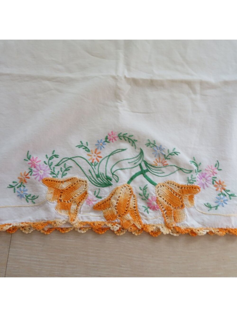 Vintage Handmade White Pillowcase Orange Crochet Floral Detail Embroidered Desig